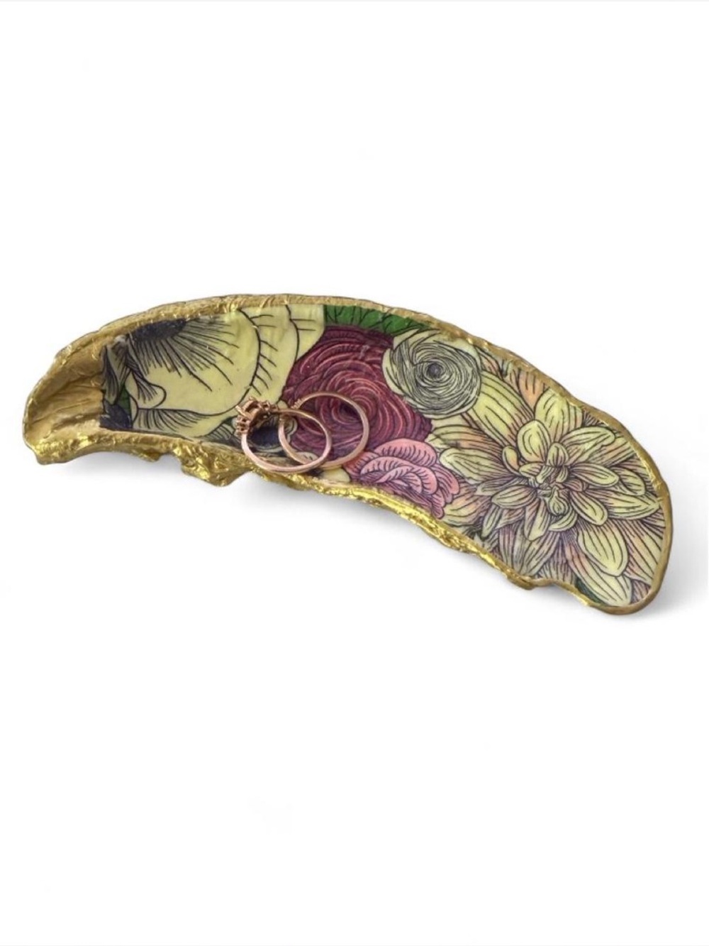 Floral Gold Ceramic Jewelry Tray - Pink and Green